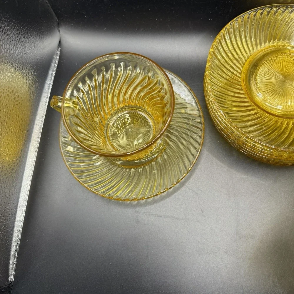 Vintage Amber Depression Federal Glass Company Diana Swirl cup & saucer sets /8